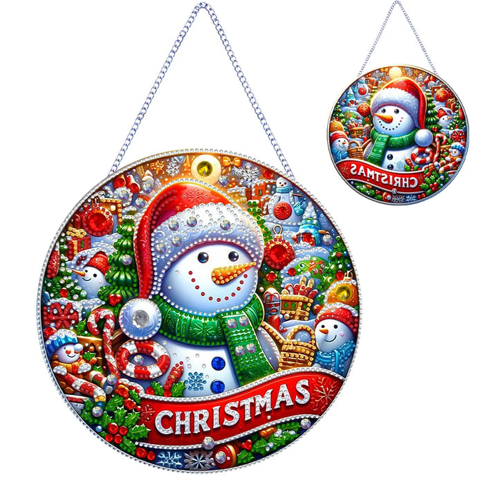 Circular Christmas-themed ornament with snowman design on a white background