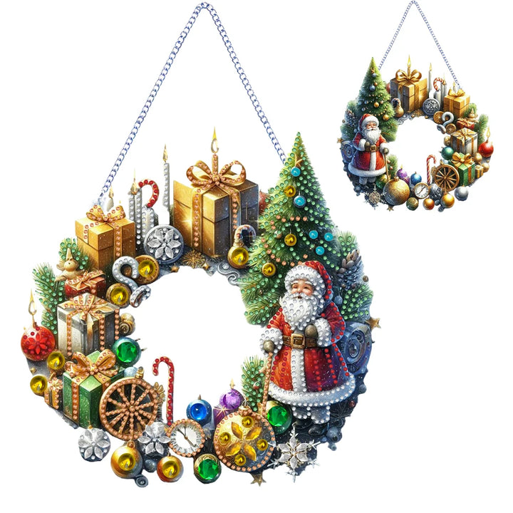 Decorative Christmas wreath with Santa Claus, trees, and presents on a white background