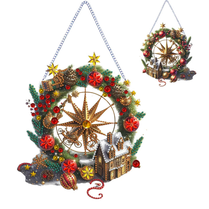 Decorative Christmas wreath with festive elements on a white background
