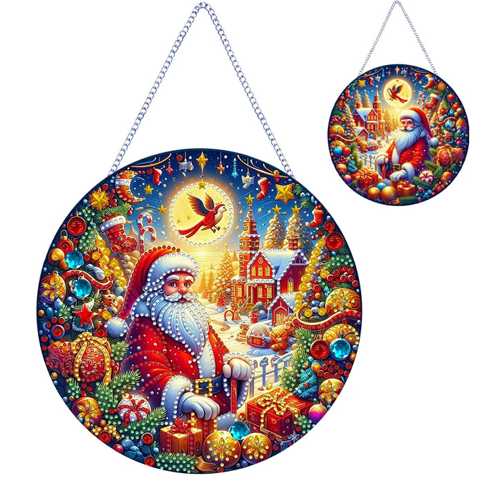 Decorative circular panel with Santa Claus and Christmas elements on a white background