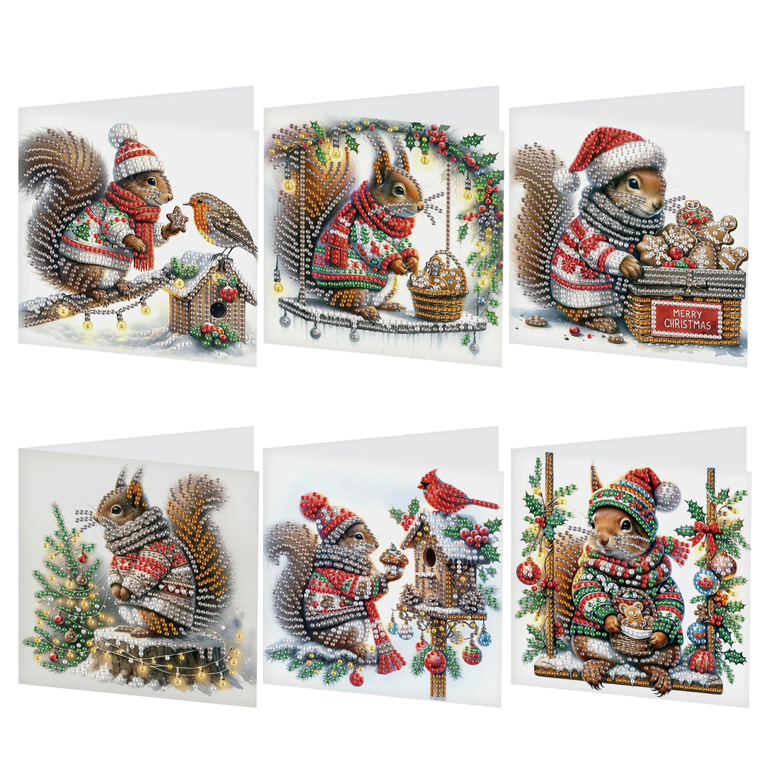 Set of six Christmas-themed cards featuring animals in festive attire.