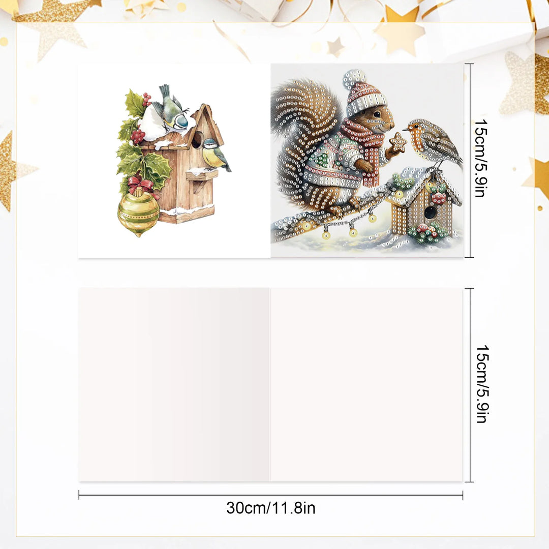 Decorative paper with Christmas-themed design featuring a squirrel, bird, and birdhouse.