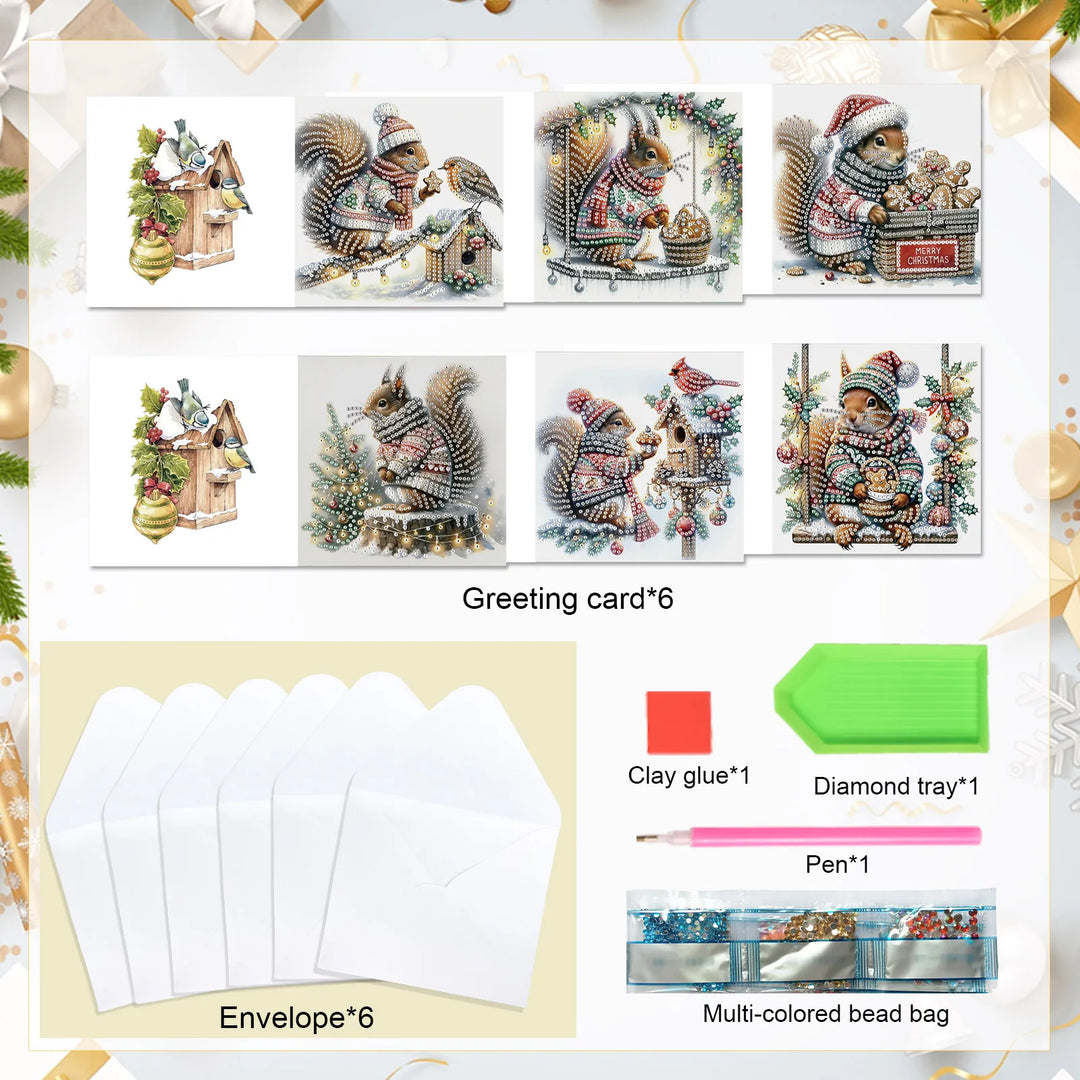 Set of Christmas-themed greeting cards with envelopes, clay glue, diamond tray, pen, and bead bag on a white background.