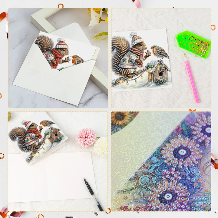 Collage of diamond painting kits with a squirrel design and a colorful mandala.