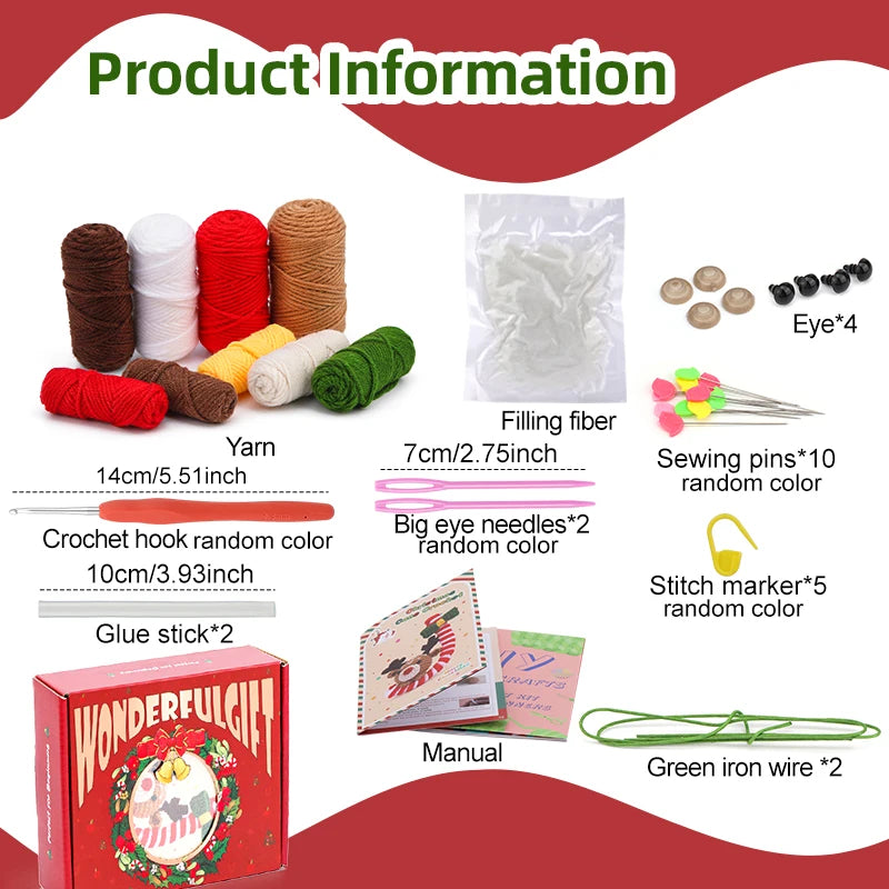 Product information sheet with yarn, crochet hooks, and other crafting supplies on a red and white background.