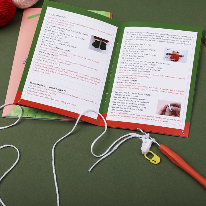 Open book with knitting instructions on a green surface with yarn and knitting tools.
