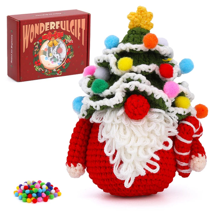 Crocheted gnome with Christmas tree hat and candy, next to a box labeled 'WonderfulGift'.