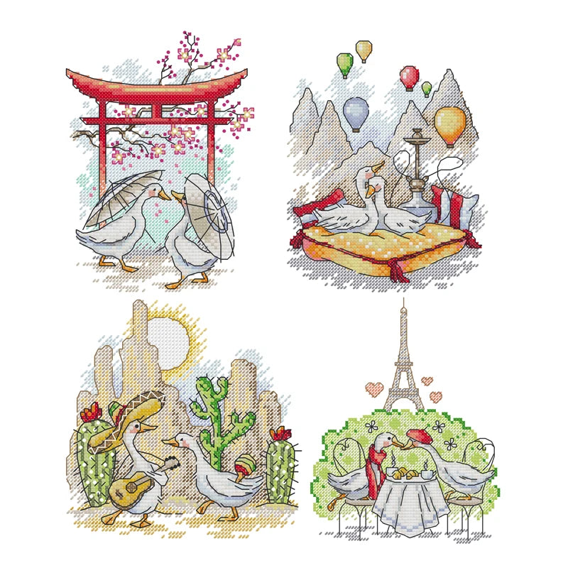 Set of four illustrated scenes with geese in various settings