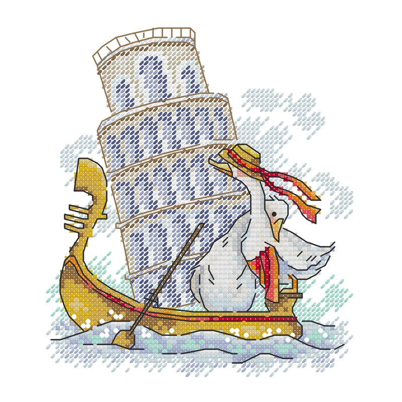 Cross-stitched design of a ship with a goose wearing a hat and scarf on a white background