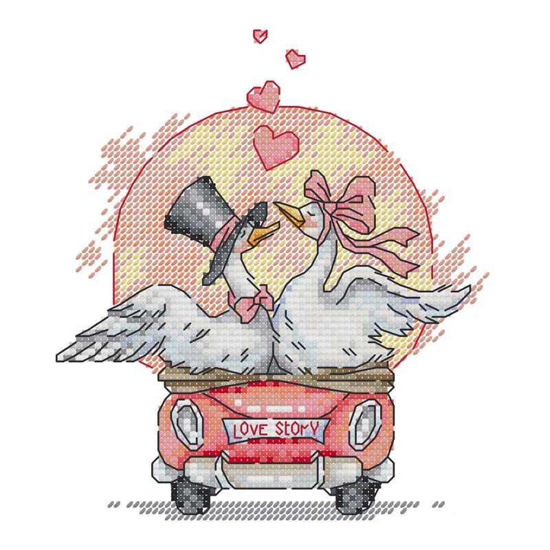 Two cartoon seagulls in love with a red car labeled 'Love Story' on a white background.