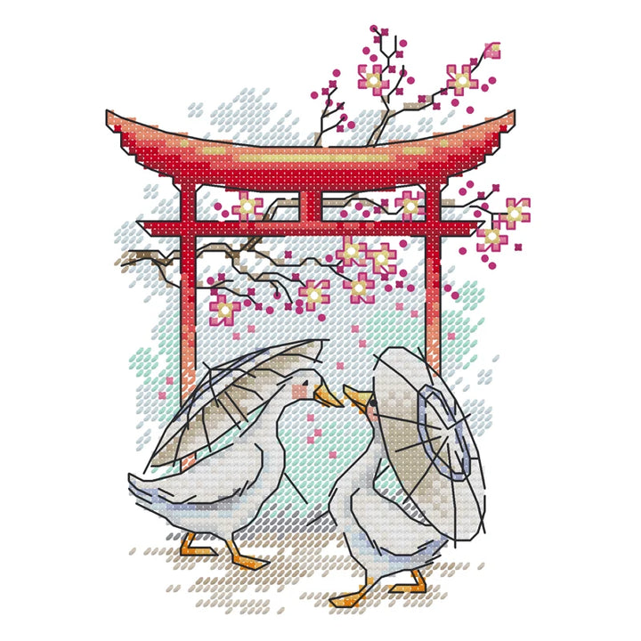 Two ducks under a cherry blossom tree with a red torii gate in the background