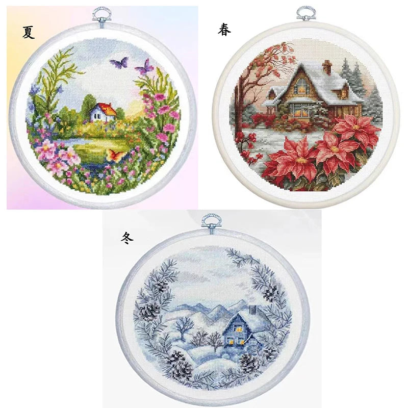 Three cross-stitched scenes of a house in different seasons.