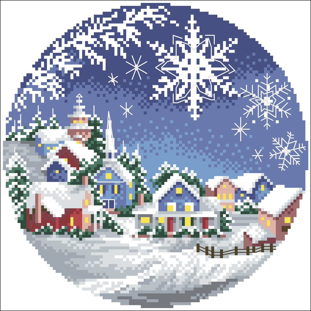 Pixelated winter scene with snowflakes and a village inside a snow globe.