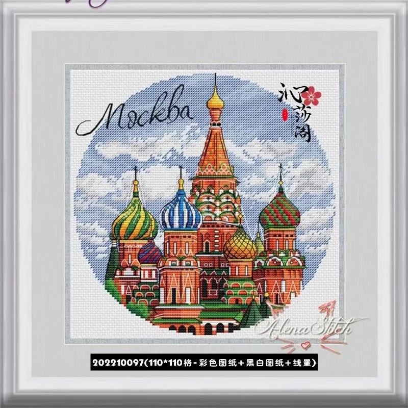 Cross-stitch pattern of Saint Basil's Cathedral in Moscow with colorful domes.