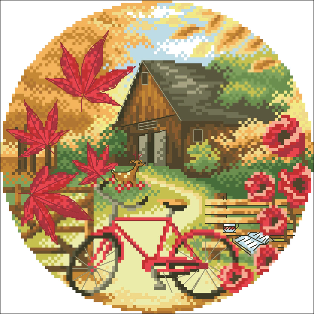 Pixel art-style scene with a cabin, bicycle, and autumn leaves.