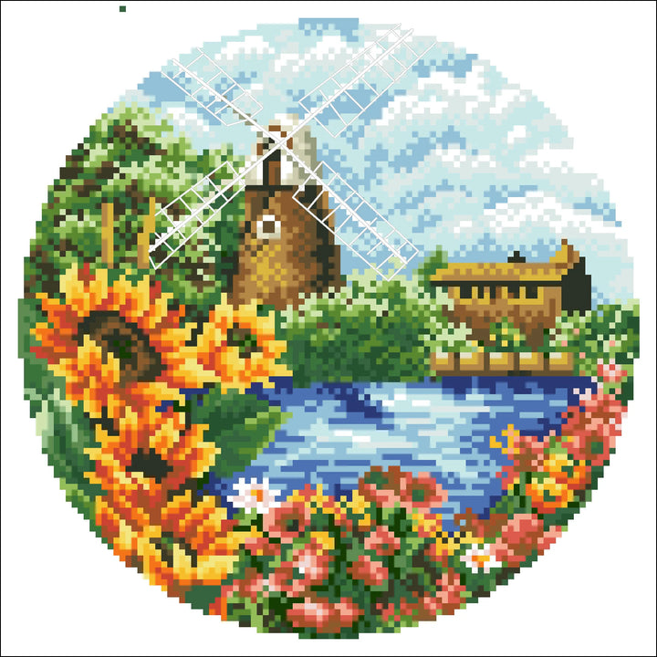 Pixel art landscape with a windmill, flowers, and a lake.
