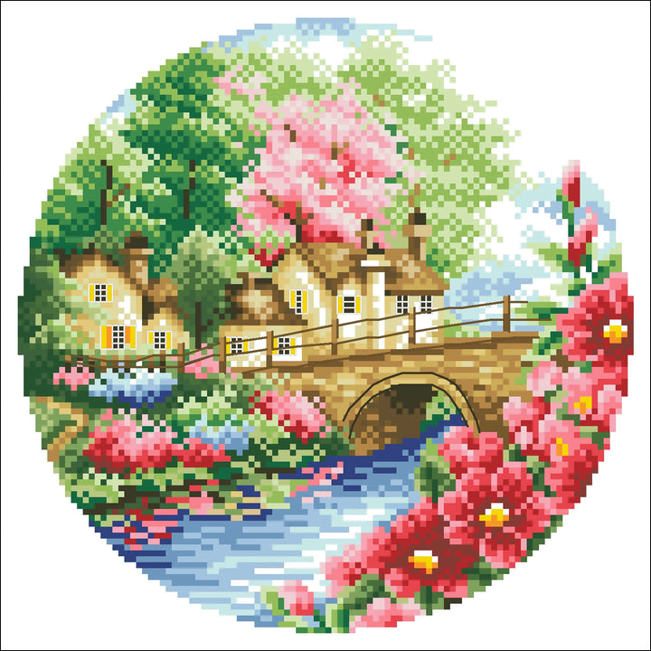 Pixel art-style scene of a village with houses, bridge, and cherry blossoms.