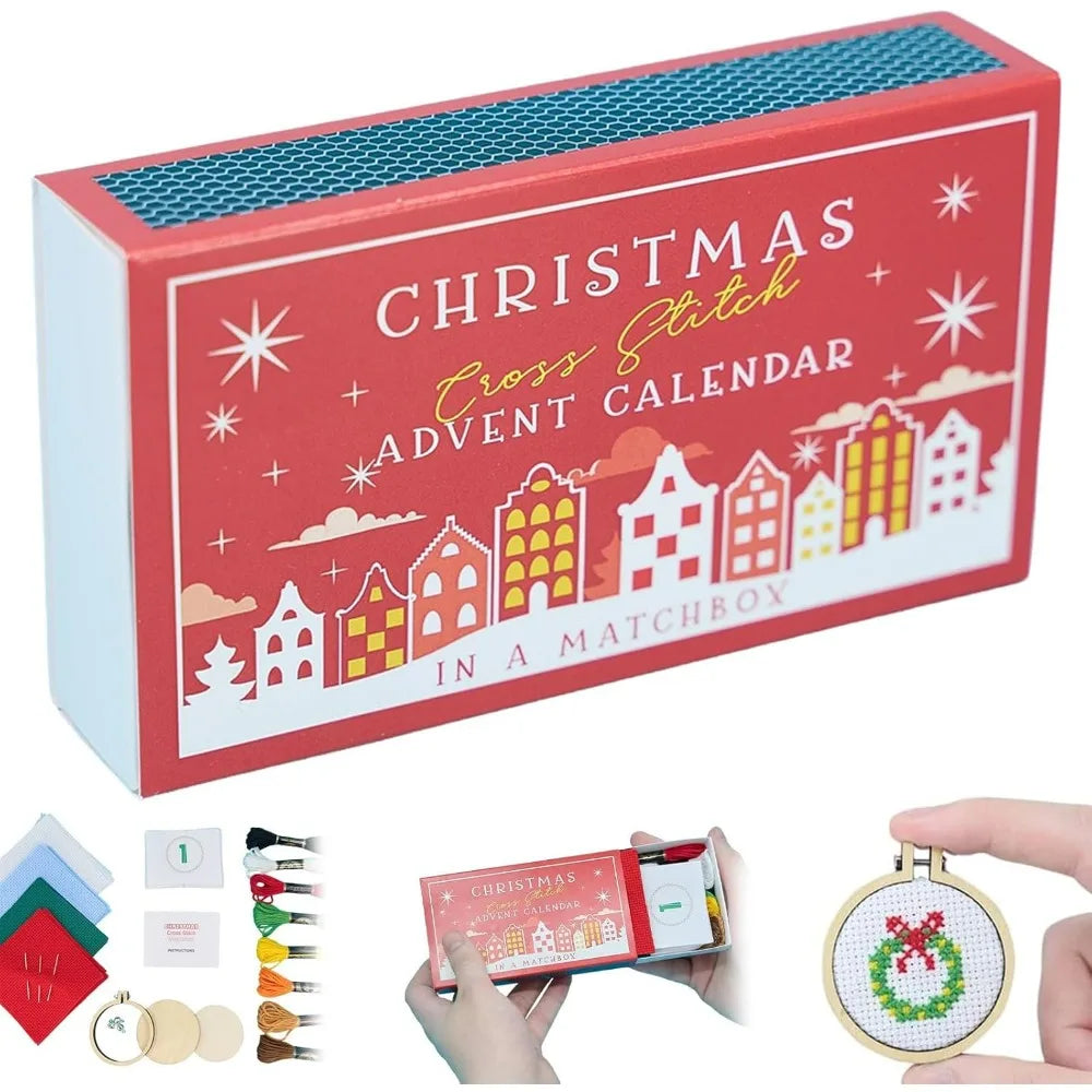 Christmas cross stitch advent calendar in a matchbox with matching box and tools.