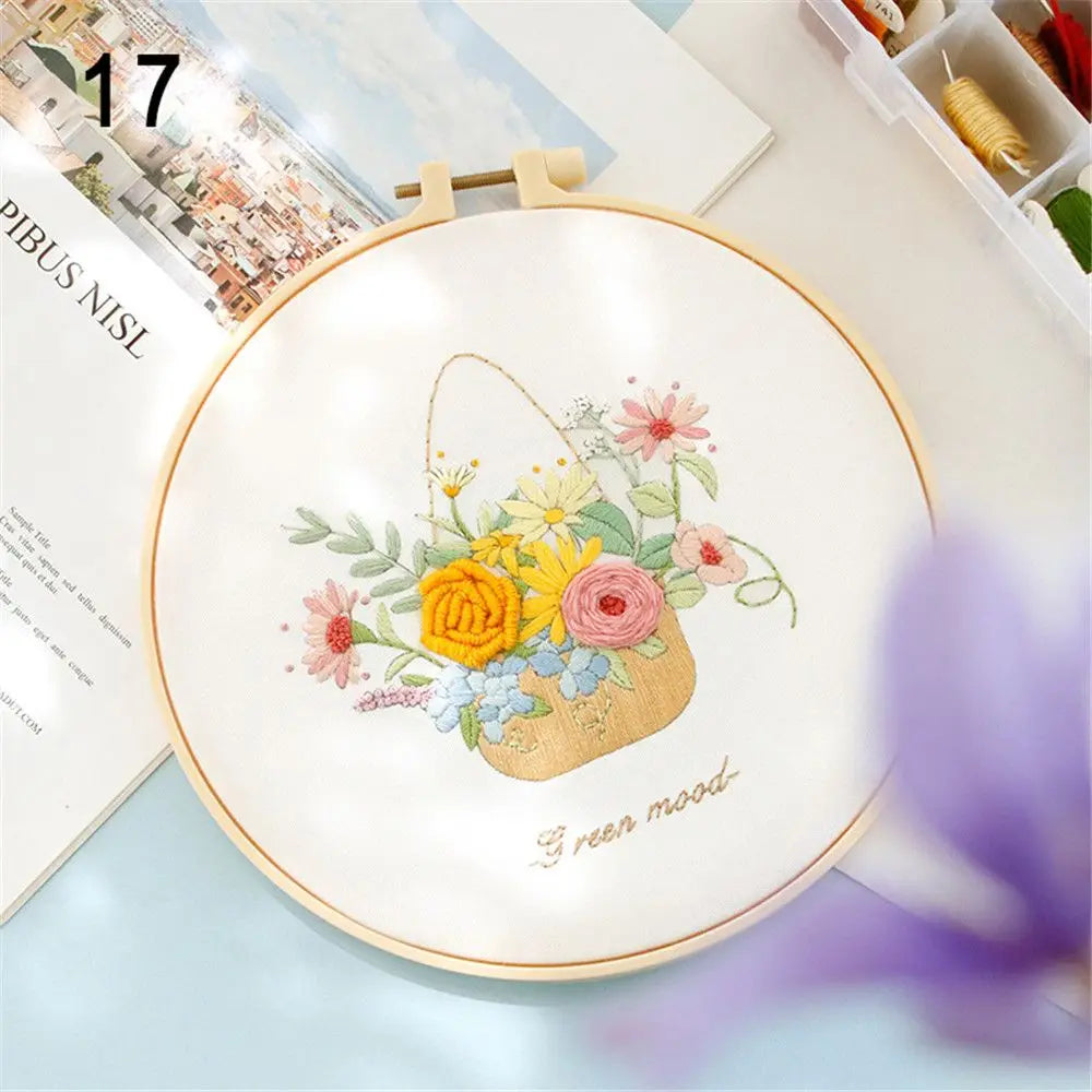 Embroidery hoop with floral design on a light surface
