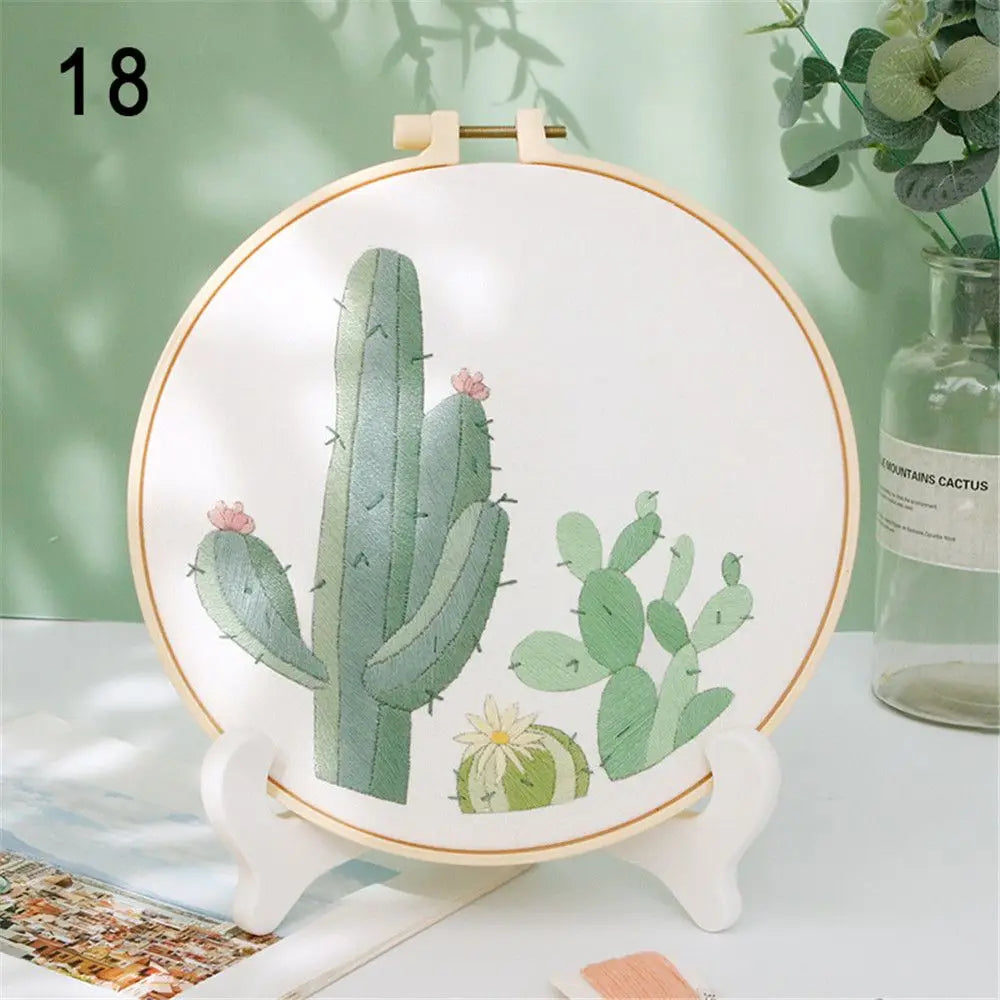Embroidery hoop with cactus design on a white surface