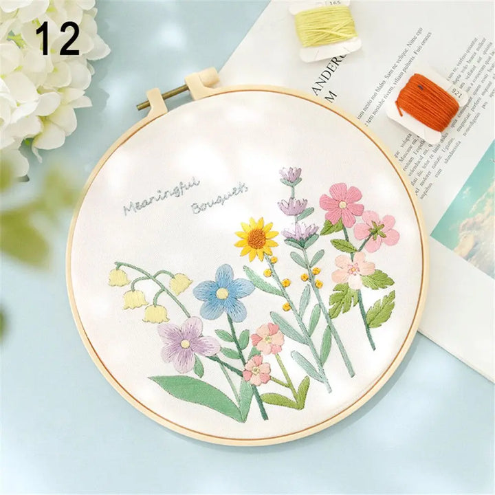 Embroidery hoop with floral design on a light blue surface