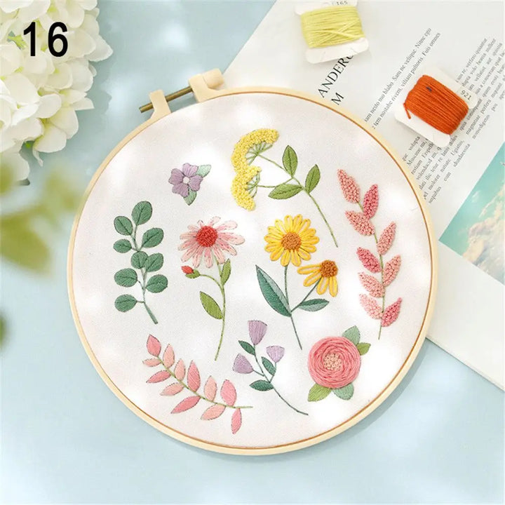 Embroidery hoop with floral design on a light blue surface