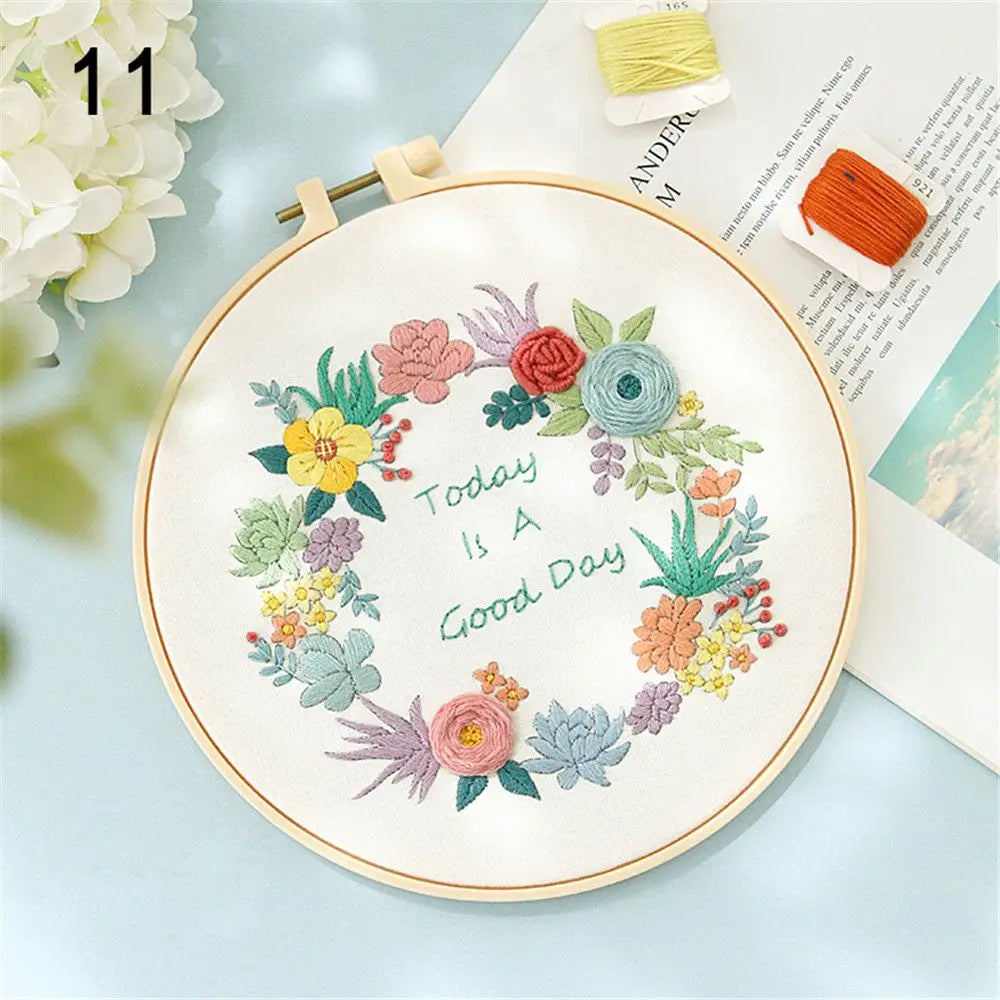 Embroidery hoop with floral design and 'Today is a Good Day' text on a light blue surface.