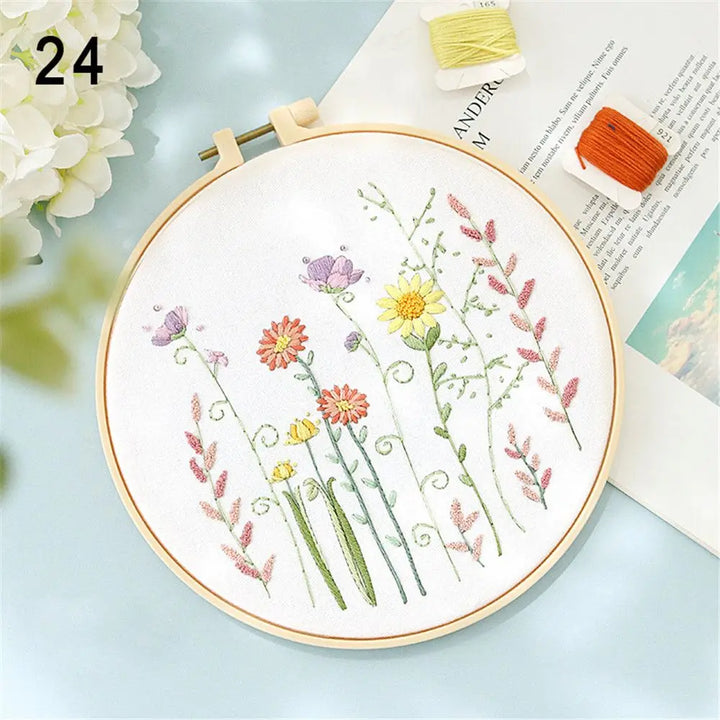 Embroidery hoop with floral design on a light blue background