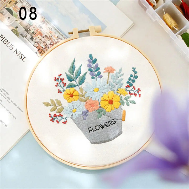 Embroidery hoop with floral design on a light surface