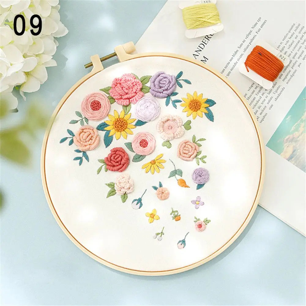 Embroidery hoop with colorful floral design on a light blue surface