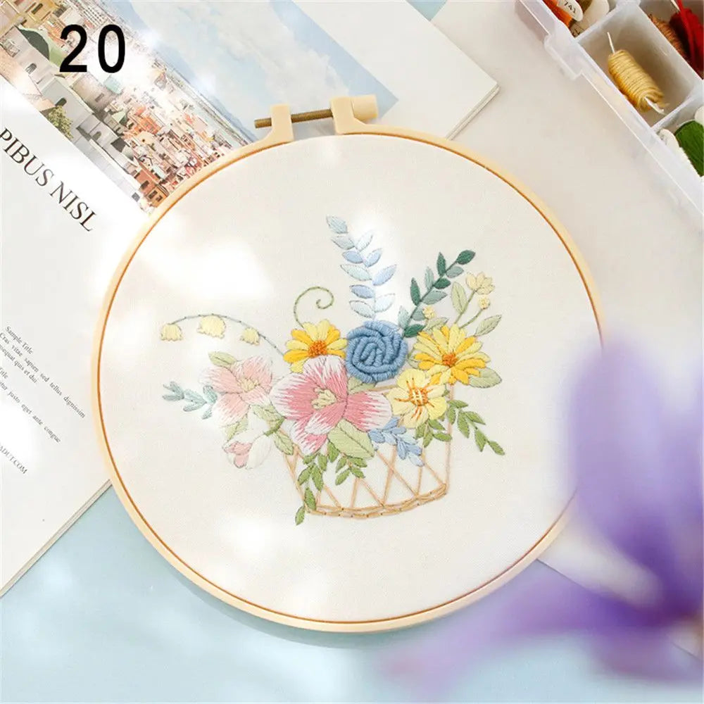 Embroidery hoop with floral design on a light surface
