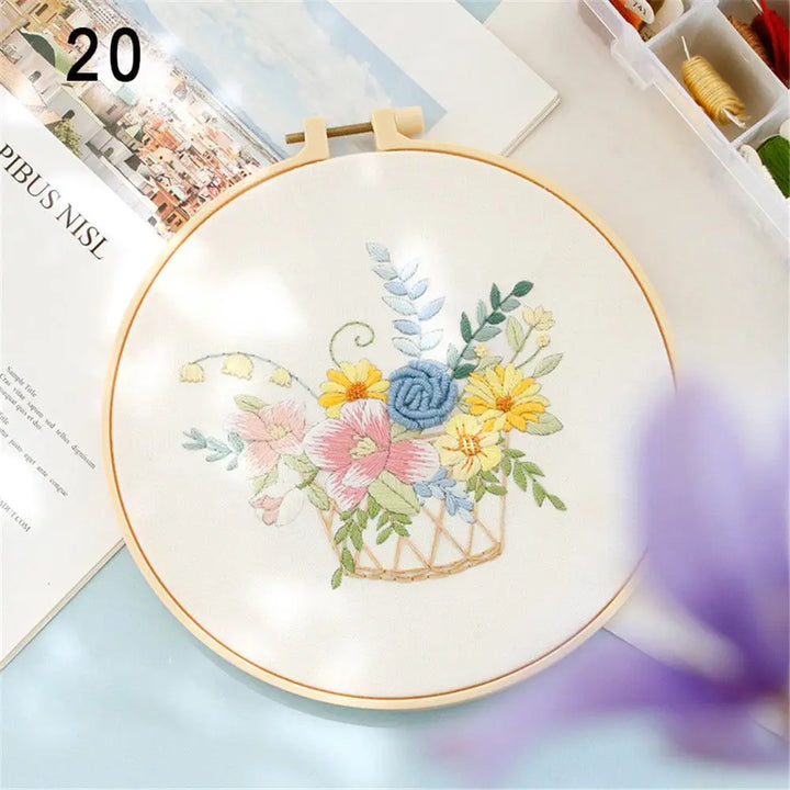 Embroidery hoop with floral design on a light surface