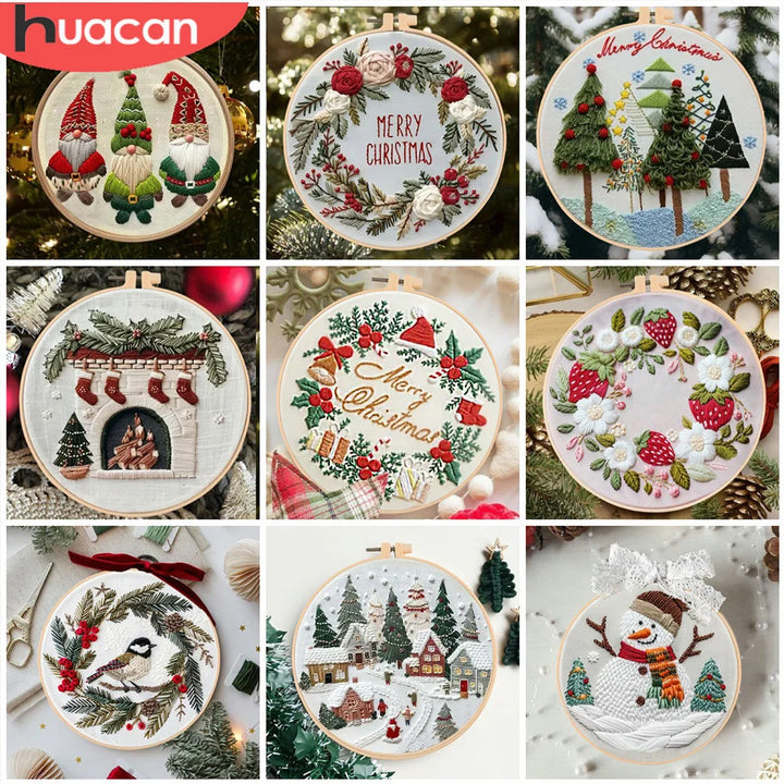 Collage of various Christmas-themed embroidery hoop art with festive designs.