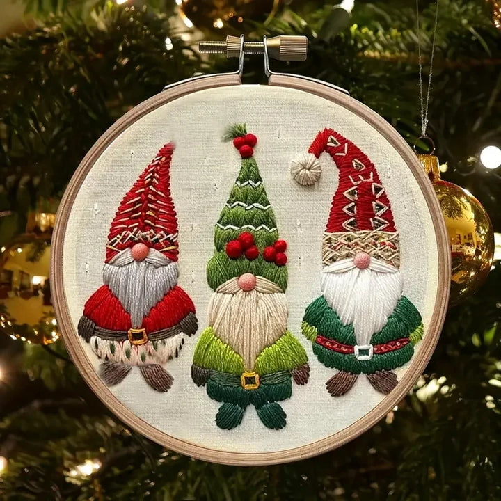 Embroidered gnomes on a Christmas tree