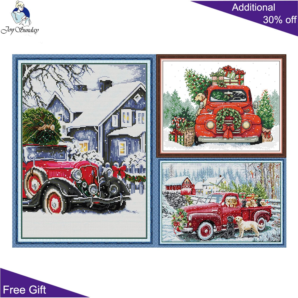 Three Christmas-themed paintings featuring vintage cars and trucks in a snowy landscape, with a discount offer on the top right corner.