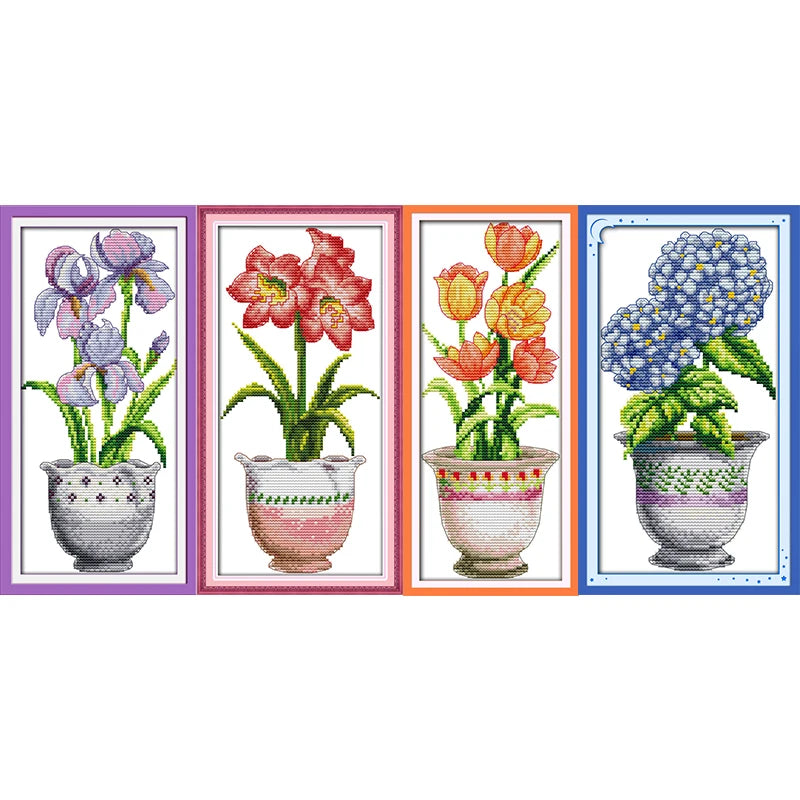 Four floral designs in pots with colorful borders on a white background
