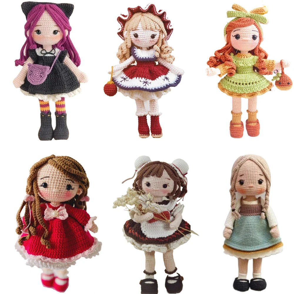 Set of six crocheted dolls with different hairstyles and outfits on a white background