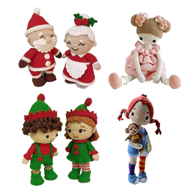 Set of six crocheted dolls in various outfits on a white background