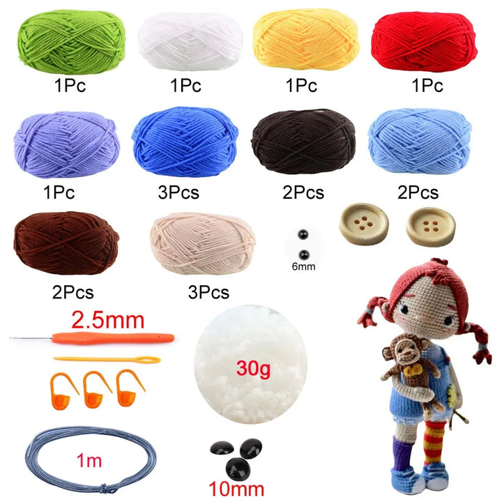 Set of yarn balls, buttons, crochet hooks, and a small doll with a monkey on a white background.
