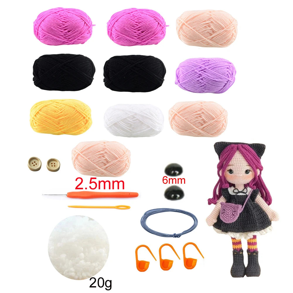 Set of yarn balls, buttons, crochet hooks, and a small doll on a white background
