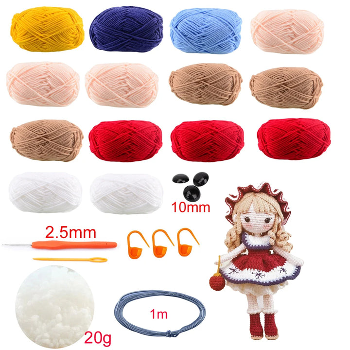 Collection of yarn balls, crochet hooks, and a small doll on a white background