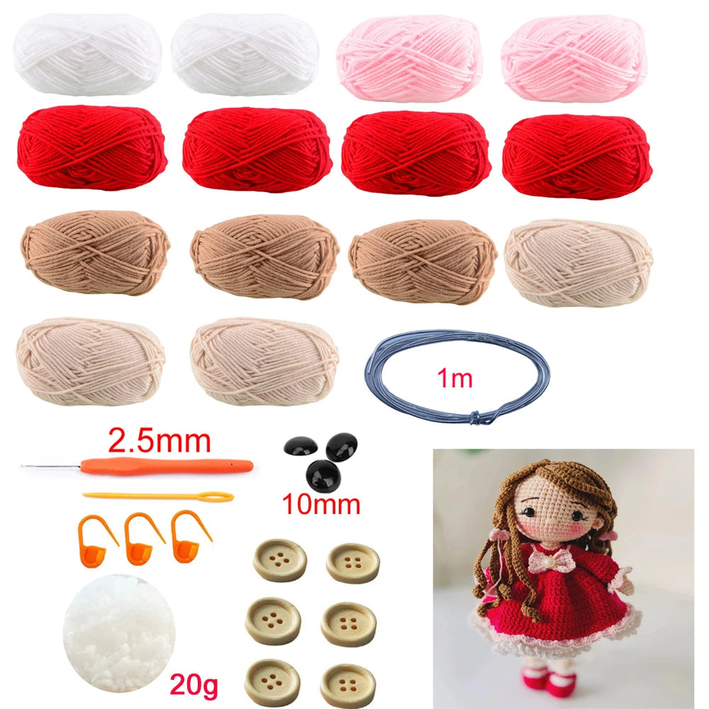 Collection of yarn balls, crochet hooks, buttons, and a crocheted doll on a white background.