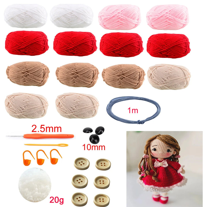 Collection of yarn balls, crochet hooks, buttons, and a crocheted doll on a white background.