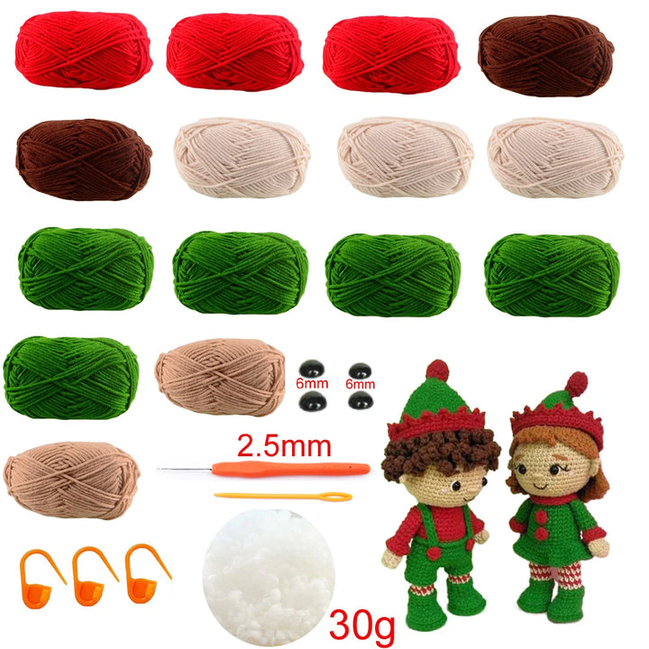 Collection of yarn balls in various colors, crochet hooks, and two small dolls on a white background.