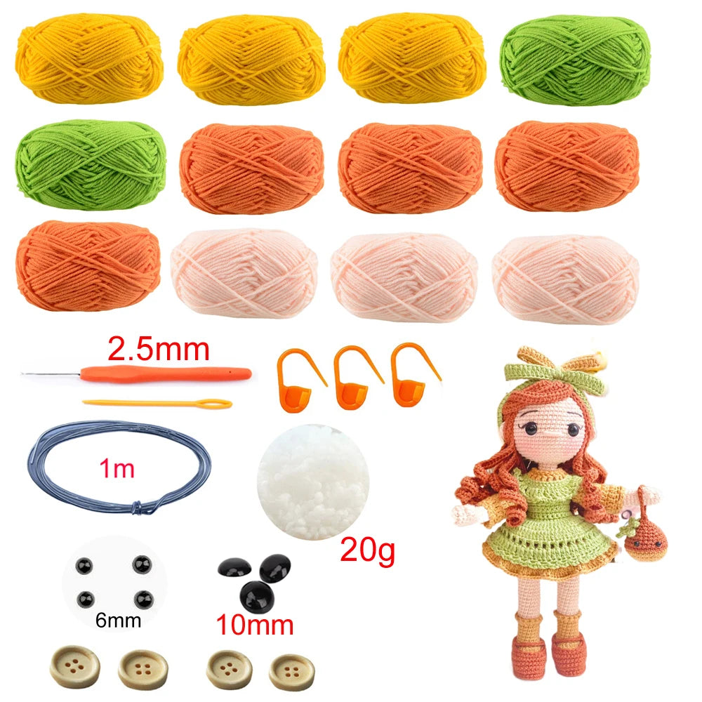Collection of yarn balls, crochet hooks, and a small doll on a white background