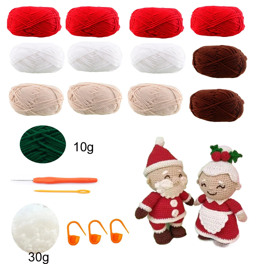 Collection of yarn balls in various colors with crochet tools and a small crocheted couple on a white background.
