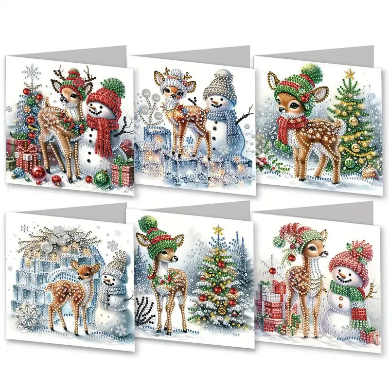 Set of Christmas-themed cards with deer, snowmen, and trees.