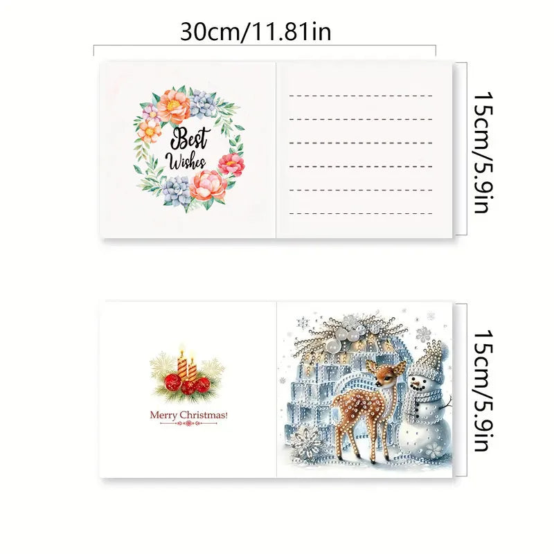Two Christmas-themed greeting cards with measurements on a white background
