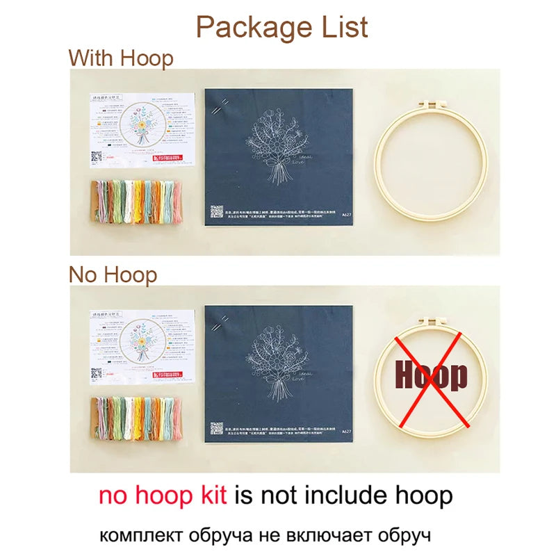 Comparison of package contents with and without a hoop, including text indicating 'no hoop kit is not included'.