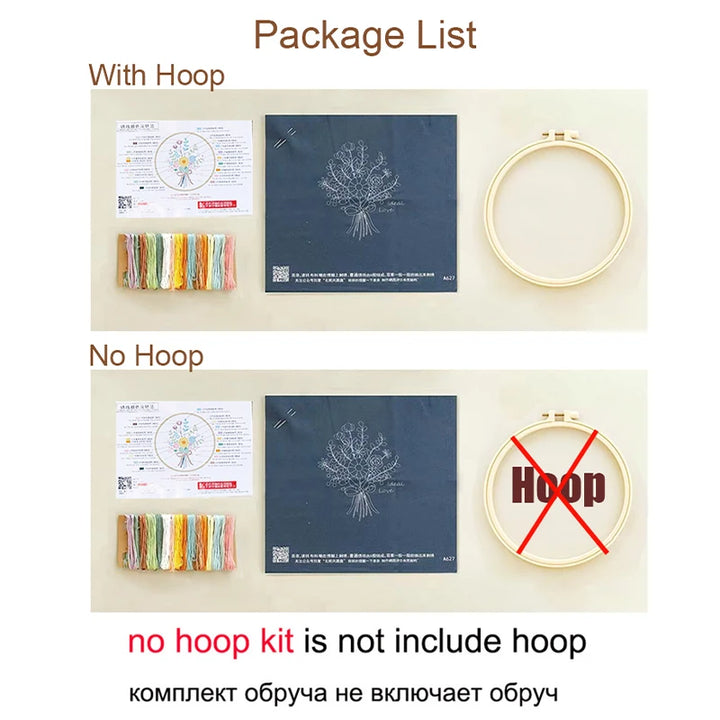 Comparison of package contents with and without a hoop, including text indicating 'no hoop kit is not included'.